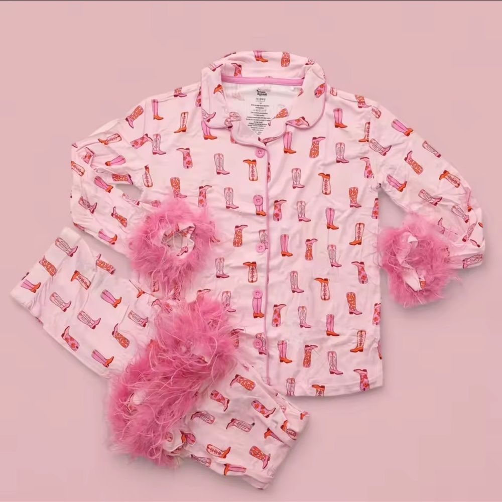 Pink Boot Print Pajamas with feathers